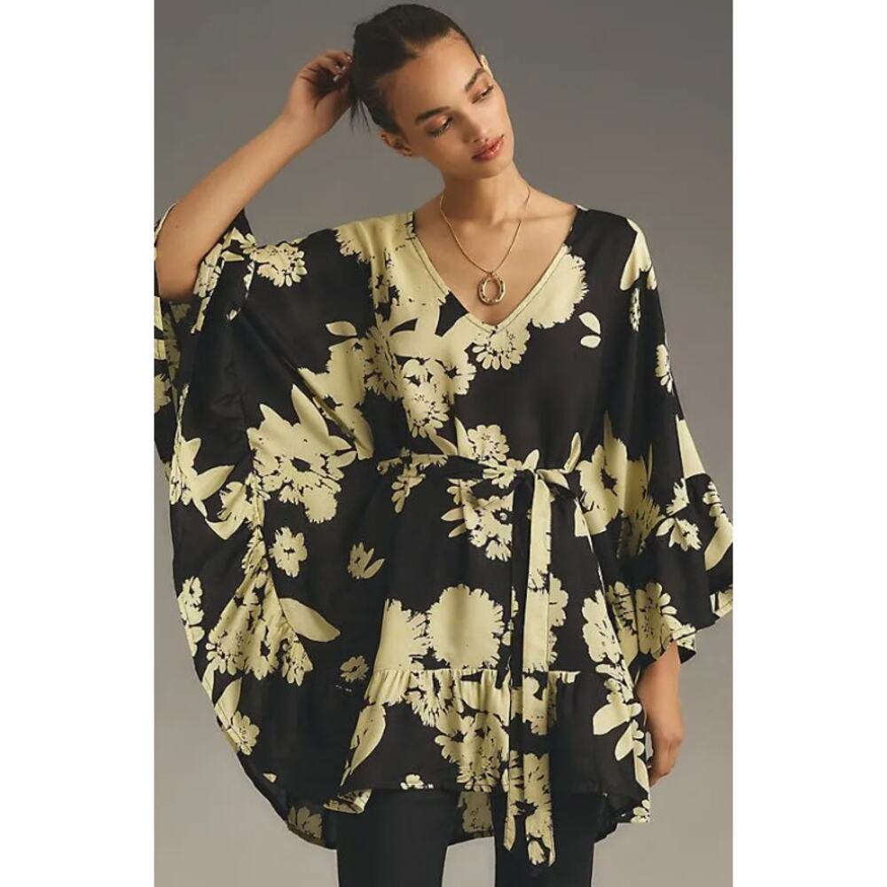 Bel Kazan Tie Ruffle Printed Kaftan in Black and Ivory Floral Print OS $148